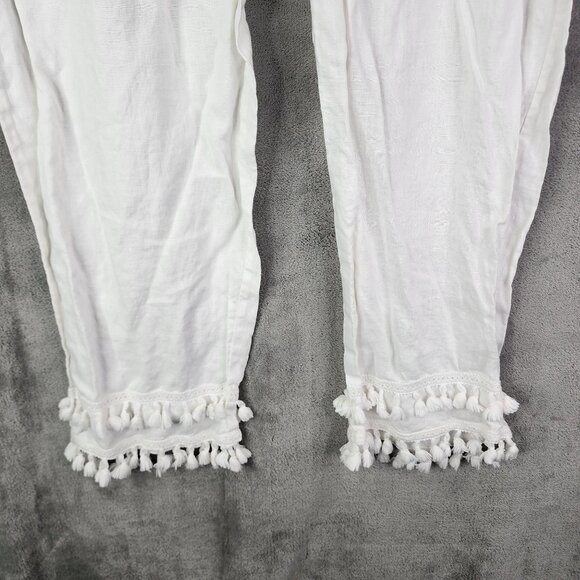 Womens White Crown & Ivy Tassel Hem Pants 100% Linen Hi Rise Elastic Waist XL - Picture 3 of 12